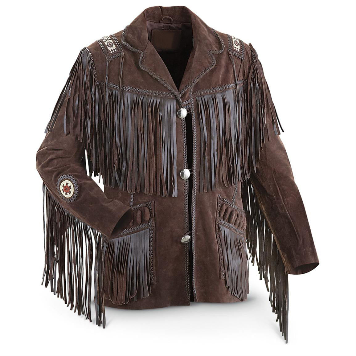 Front detail showing the buckskin suede leather fringe jacket with beaded detailing