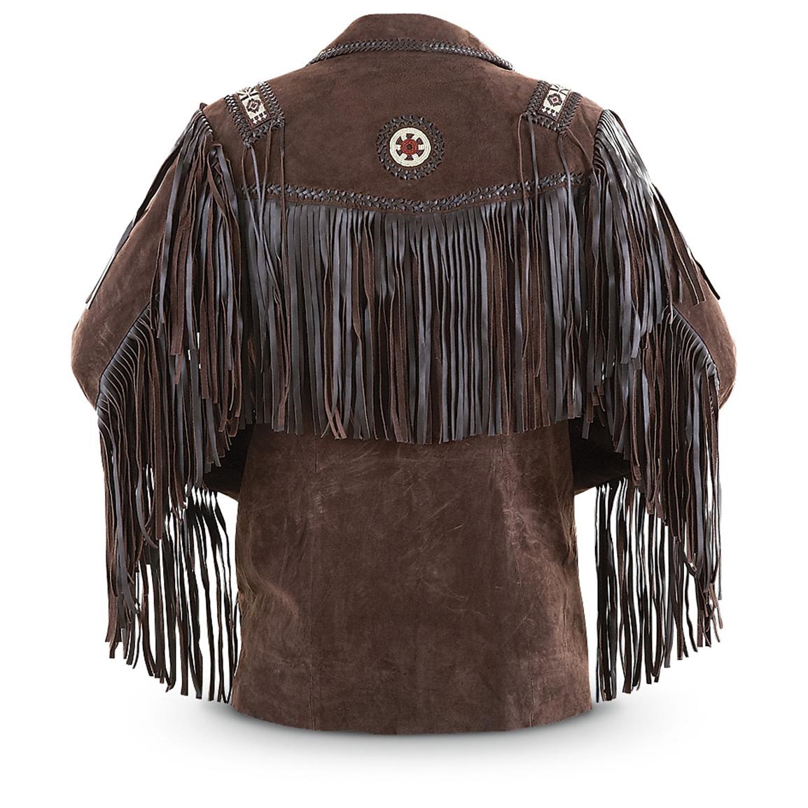 Worn styled look showing the buckskin suede leather fringe jacket with beaded detailing