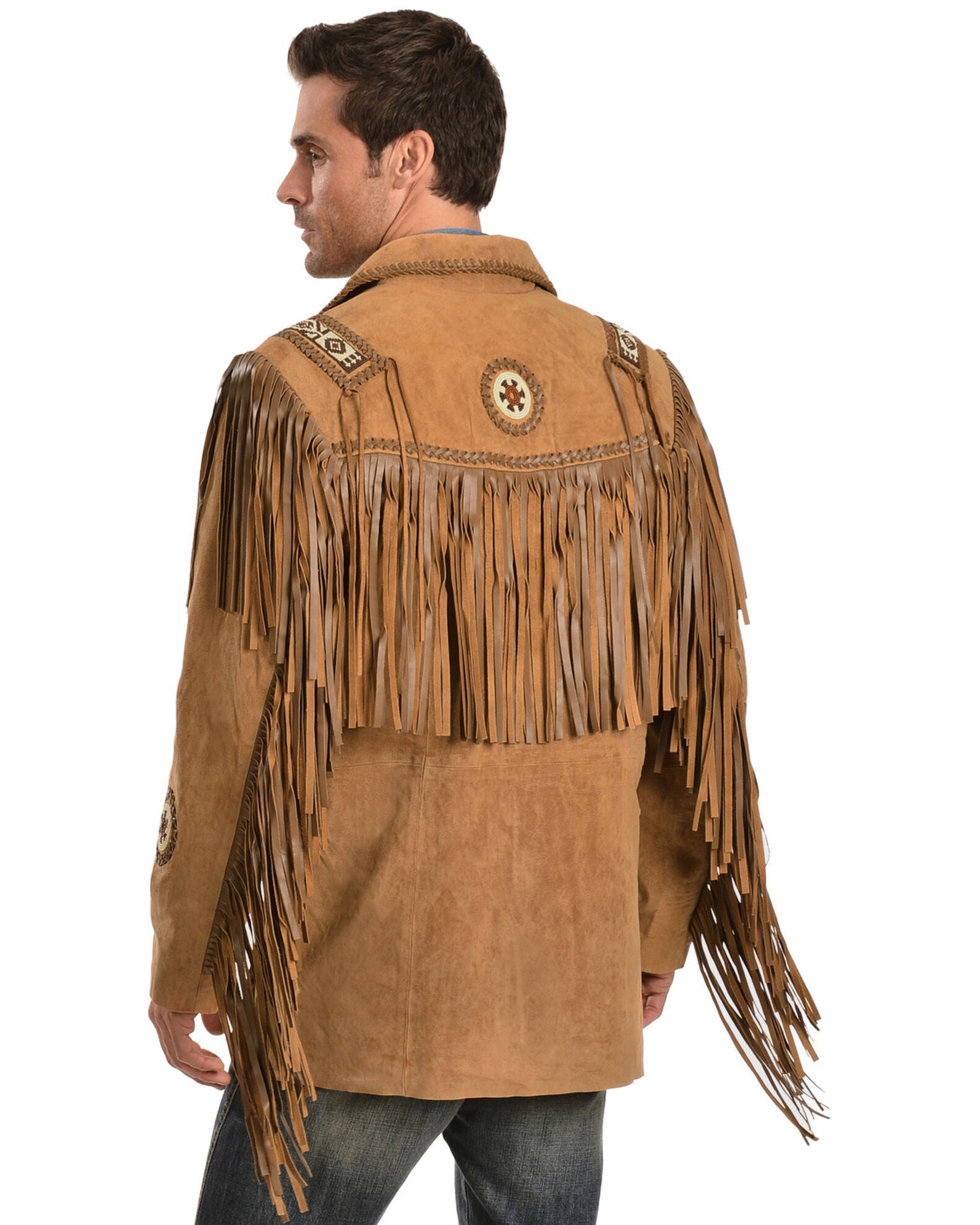 Back view showing the buckskin suede leather fringe jacket with beaded detailing