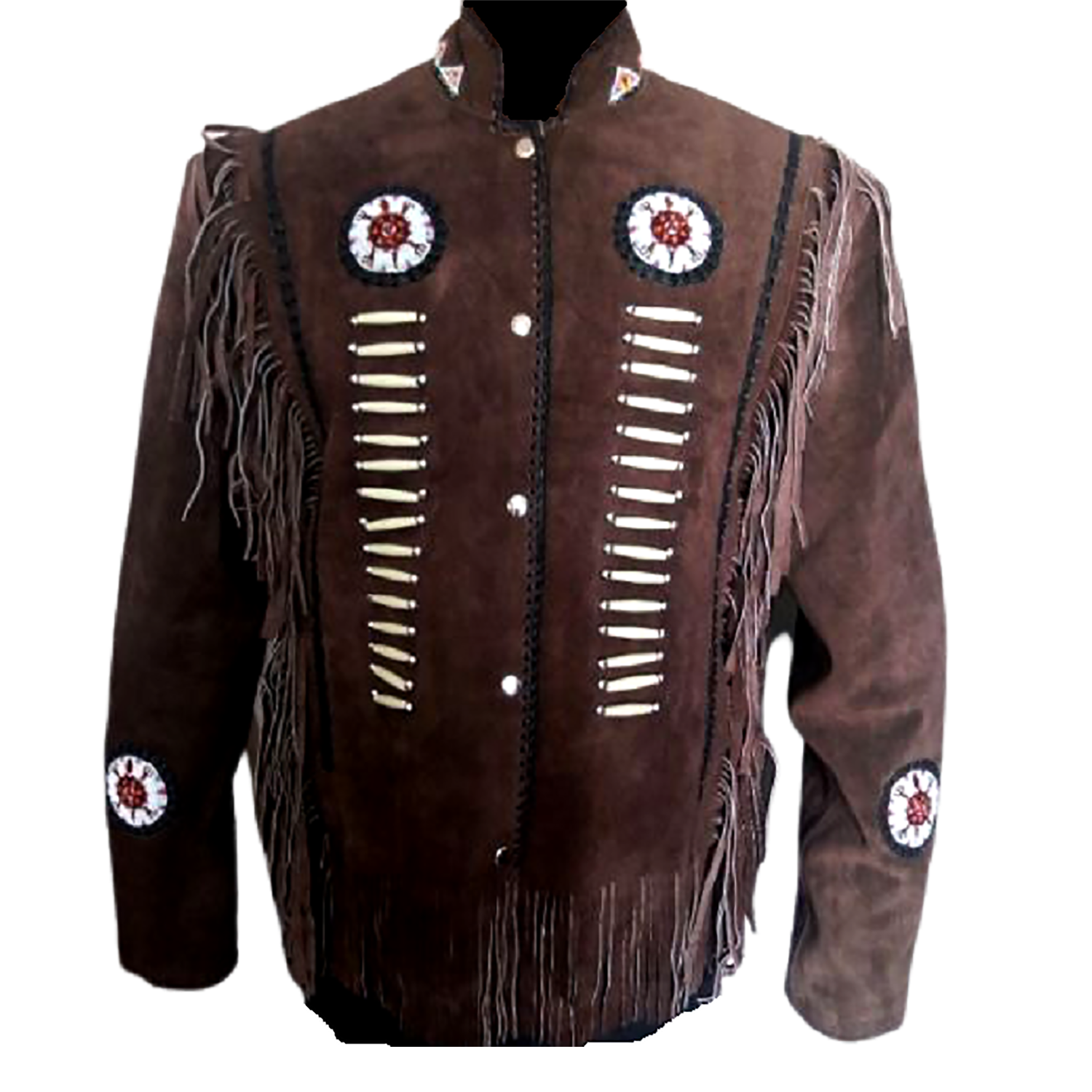 Dark brown buckskin suede leather fringe jacket with beaded detailing, back view