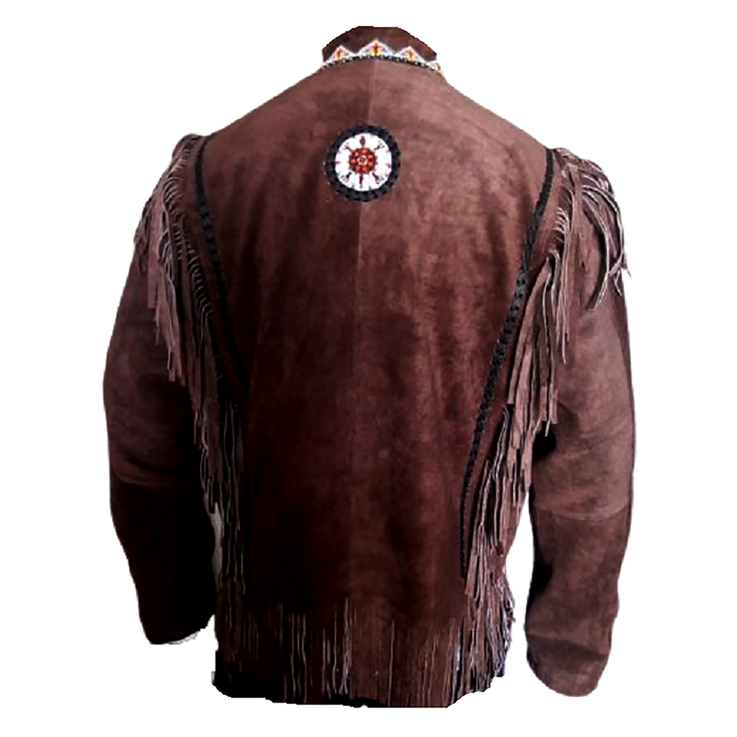 Dark brown buckskin suede leather fringe jacket with beaded detailing, close-up detail