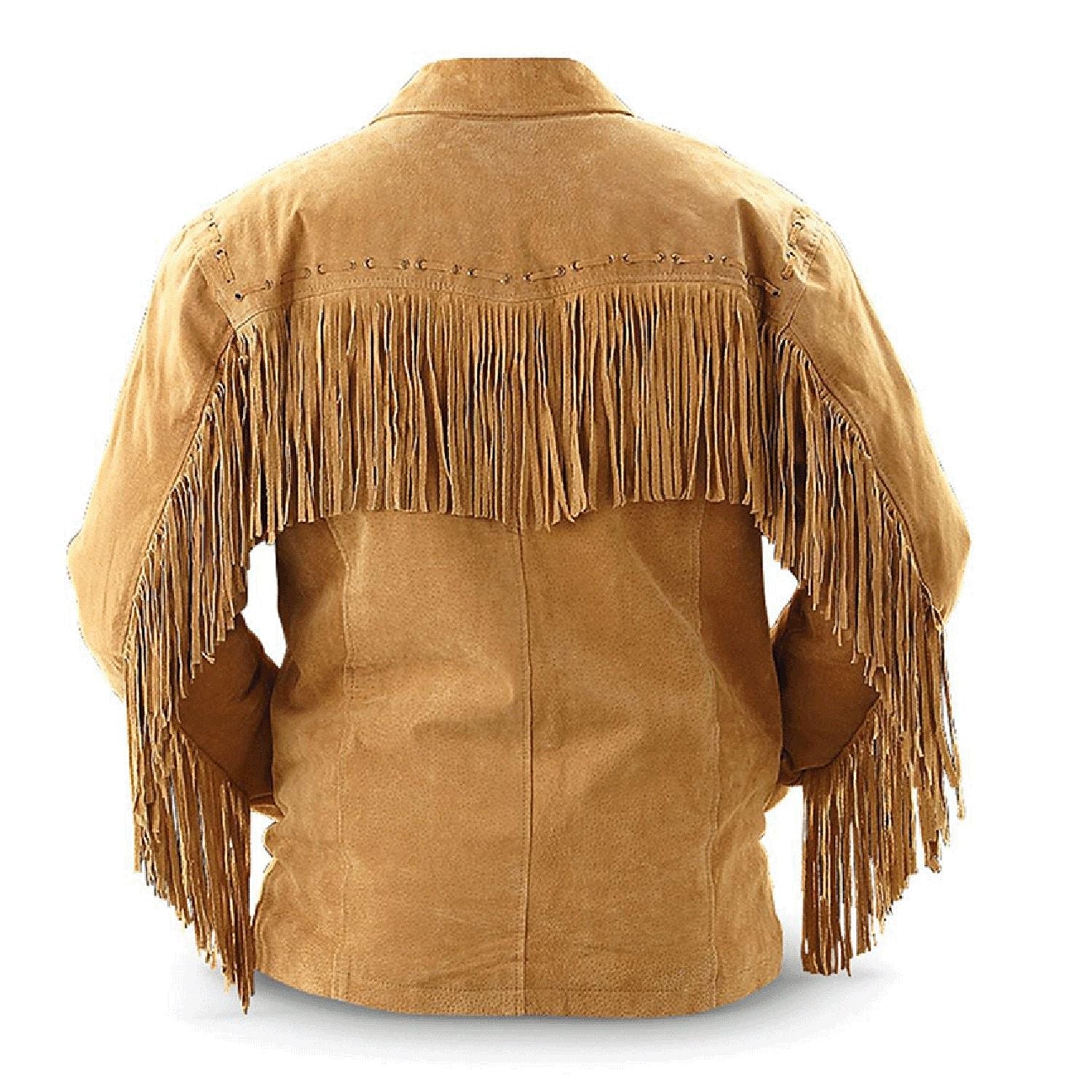 Golden brown suede leather fringe jacket, worn styled look