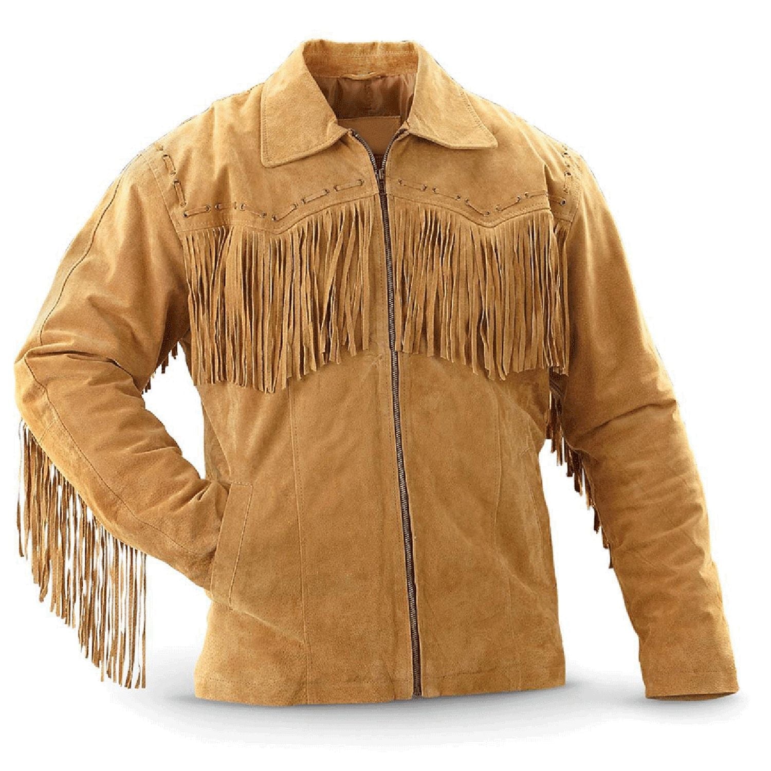 Golden brown suede leather fringe jacket, close-up detail