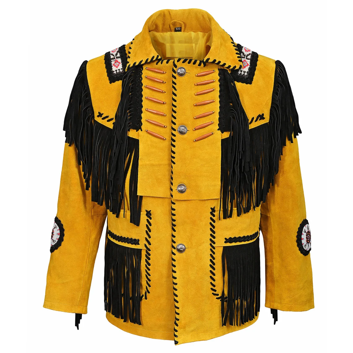 Side profile of the golden suede leather fringe jacket with beaded detailing for men
