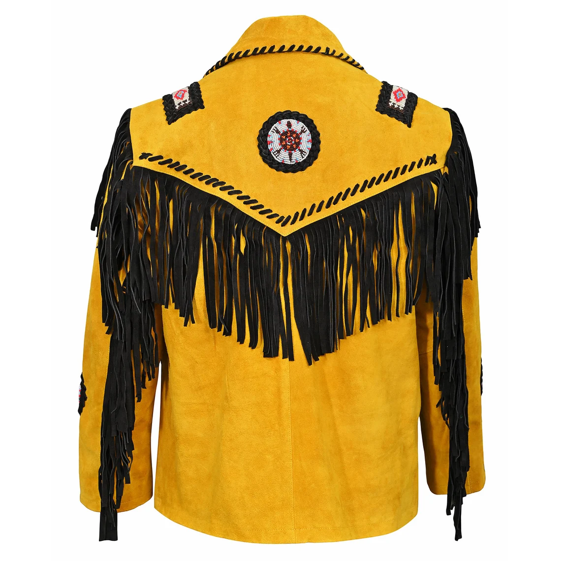 Back view of the golden suede leather fringe jacket with beaded detailing for men