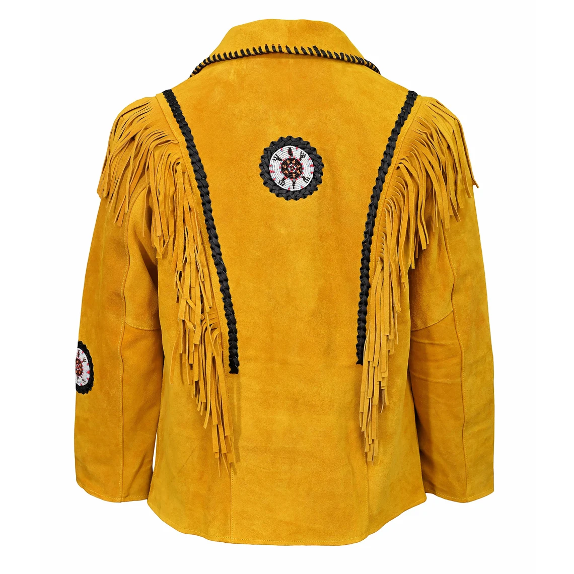 Full display of the golden suede leather fringe jacket with beaded detailing for men