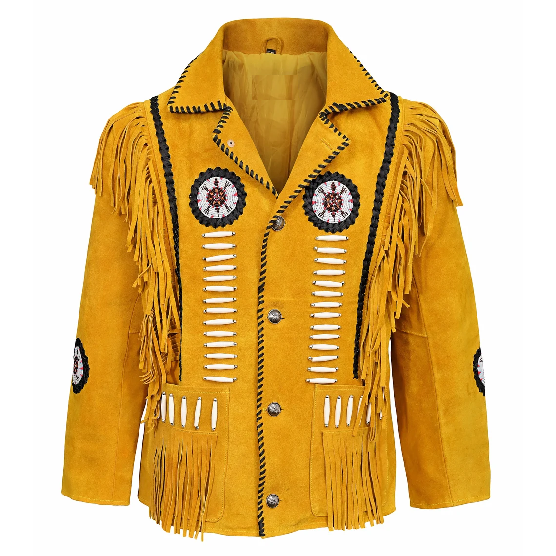 Worn styled look of the golden suede leather fringe jacket with beaded detailing for men