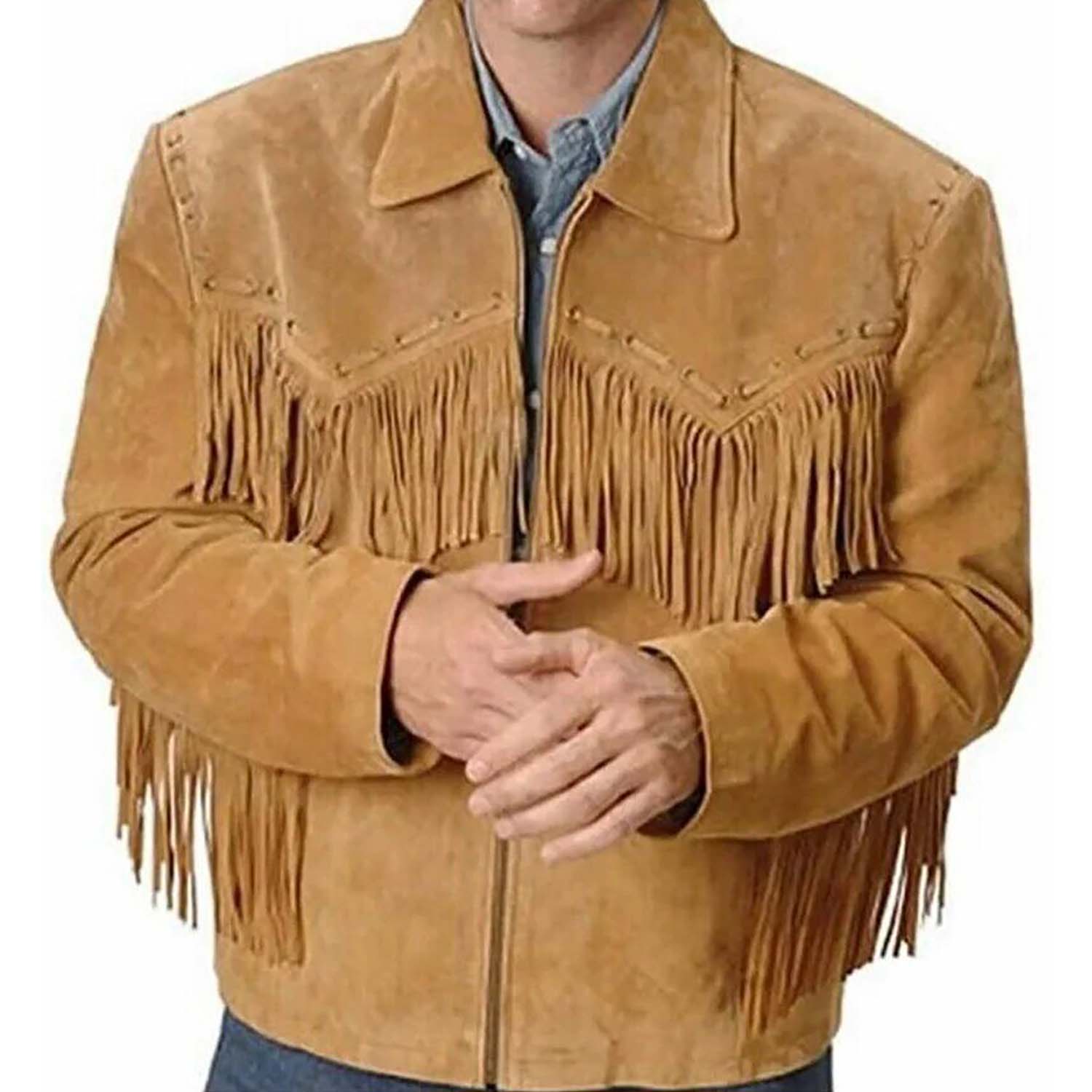 Detail shot of the golden suede leather fringe jacket for men