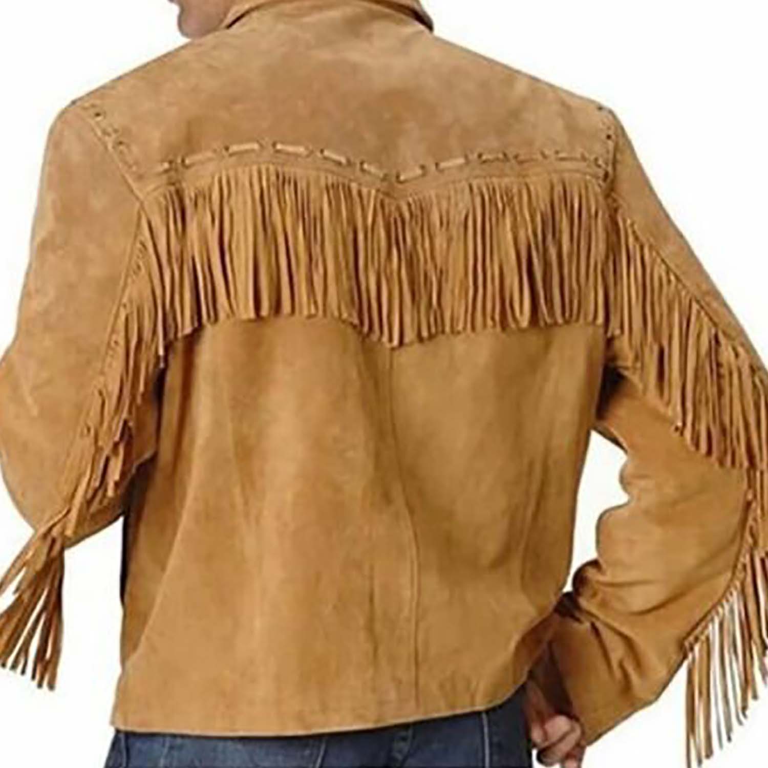 Front view of the golden suede leather fringe jacket for men