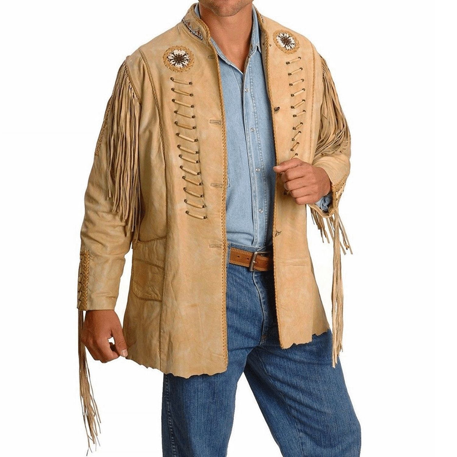The natural beige leather fringe jacket with bone-work trim, pictured in close-up