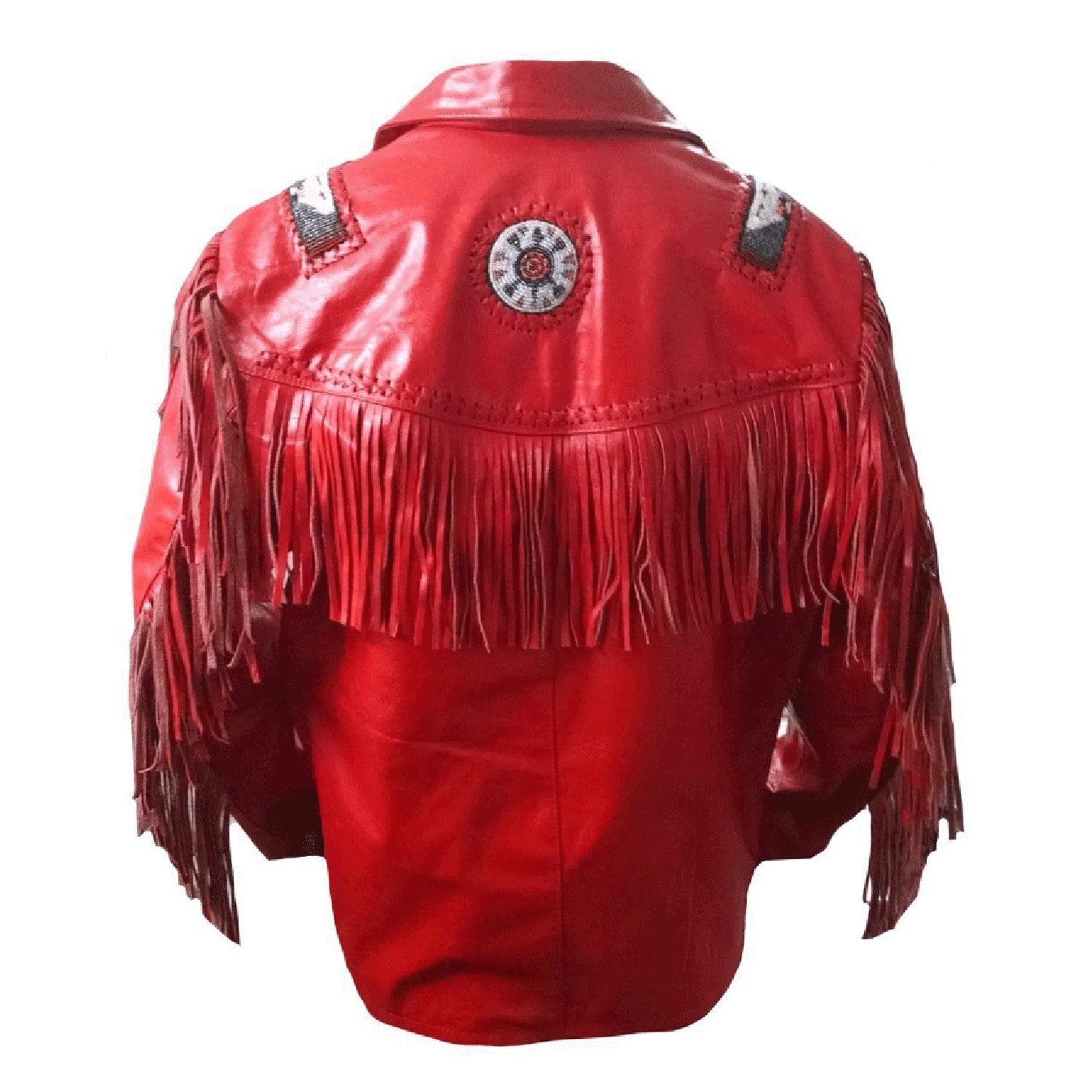 Close-up detail showing the red buckskin leather fringe jacket with beaded detailing