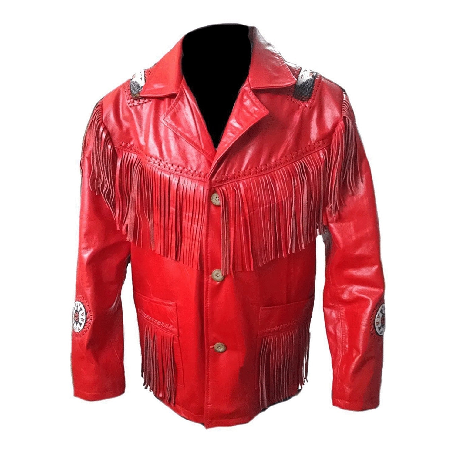 Back view showing the red buckskin leather fringe jacket with beaded detailing