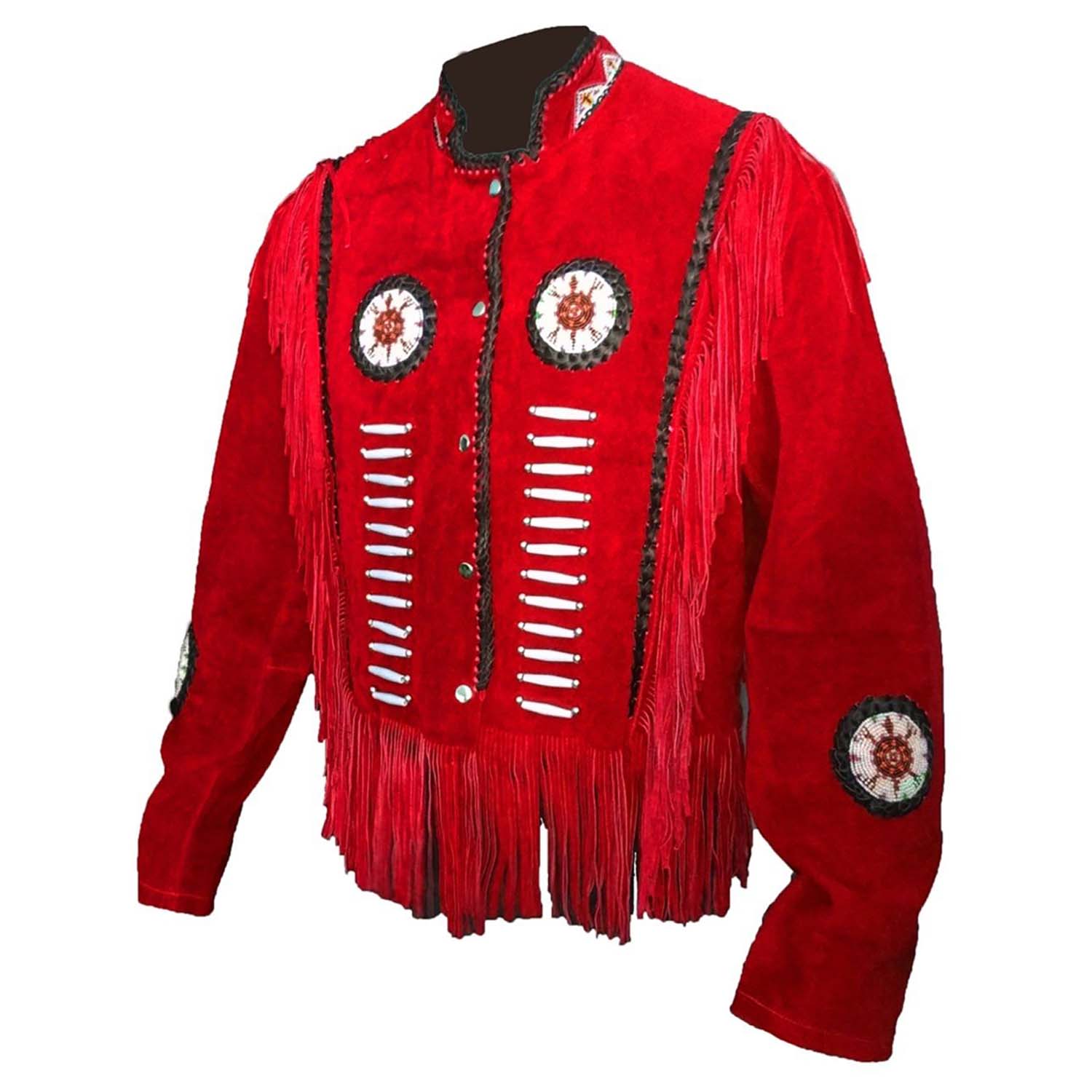 The red buckskin suede leather fringe jacket with beaded detailing, pictured in close-up