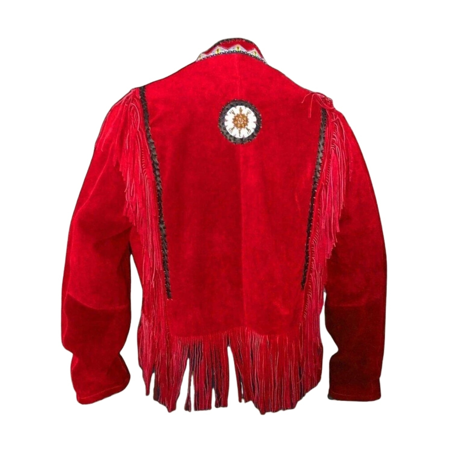 The red buckskin suede leather fringe jacket with beaded detailing, pictured worn and styled