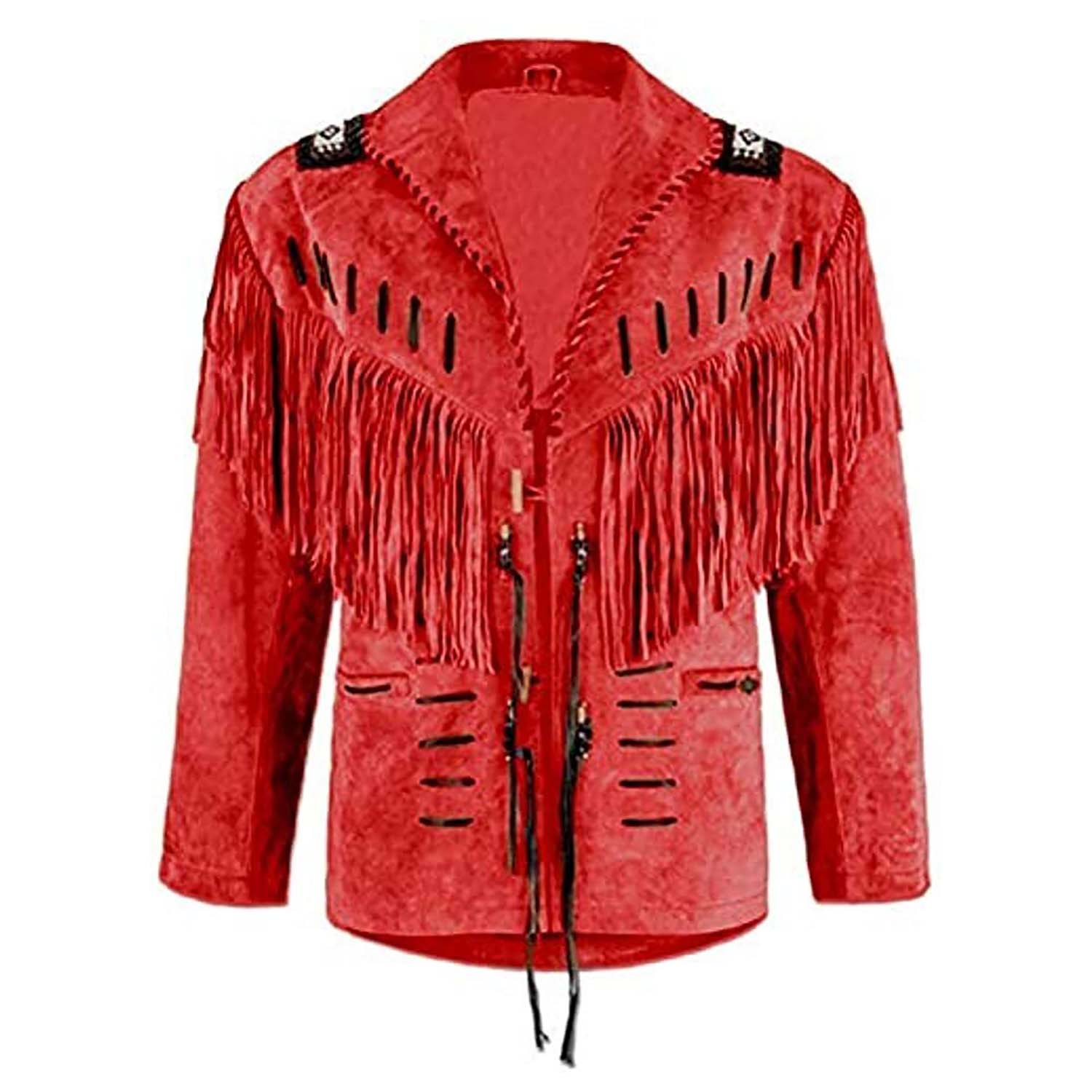 The red suede leather fringe jacket with beaded detailing, pictured from the side