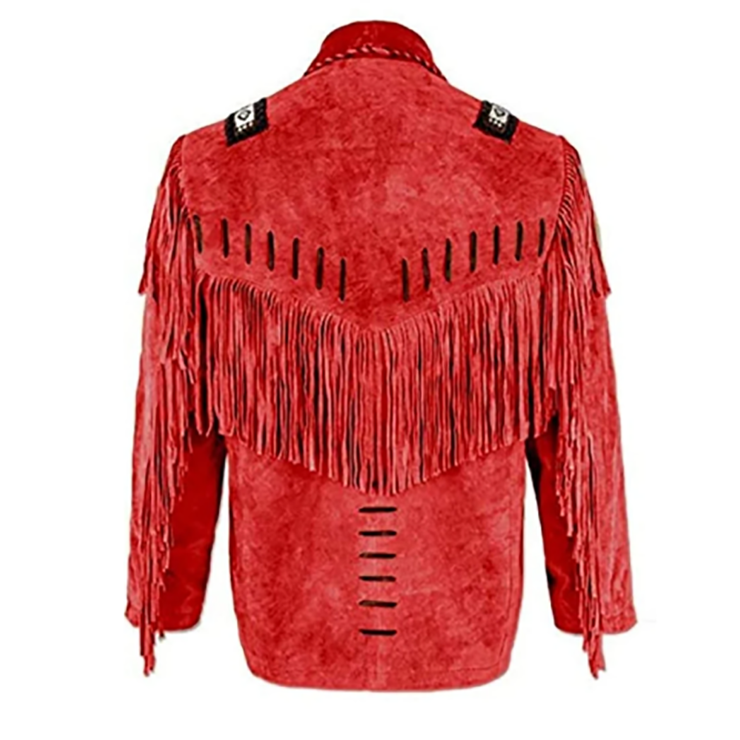 The red suede leather fringe jacket with beaded detailing, pictured worn and styled