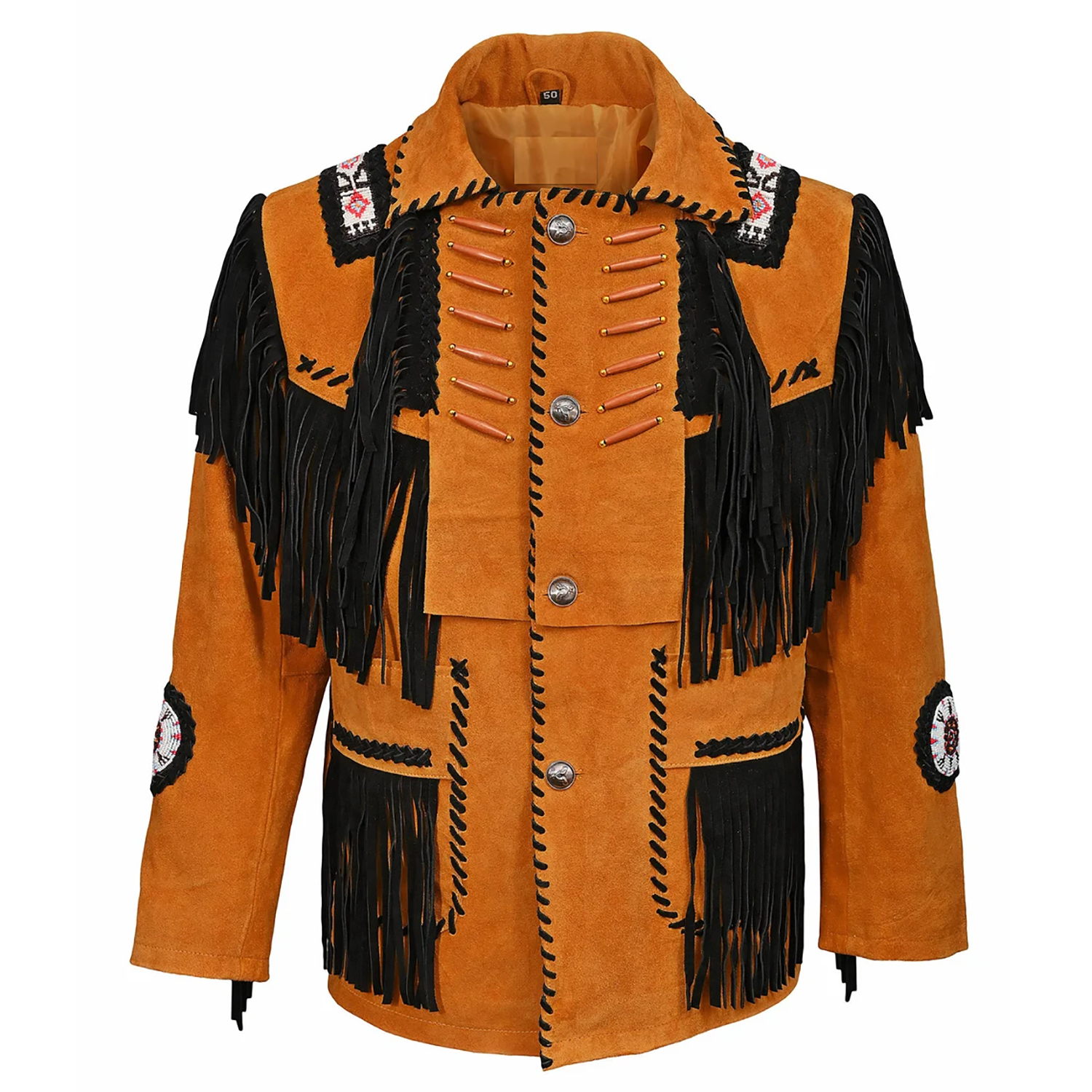 front view showing the suede leather fringe jacket with beaded detailing