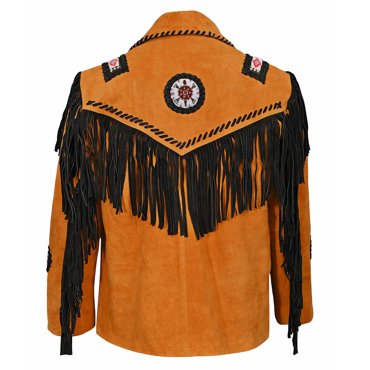 Detail shot showing the suede leather fringe jacket with beaded detailing