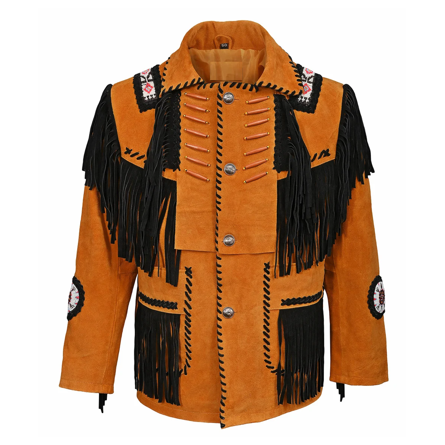 Full display showing the suede leather fringe jacket with beaded detailing