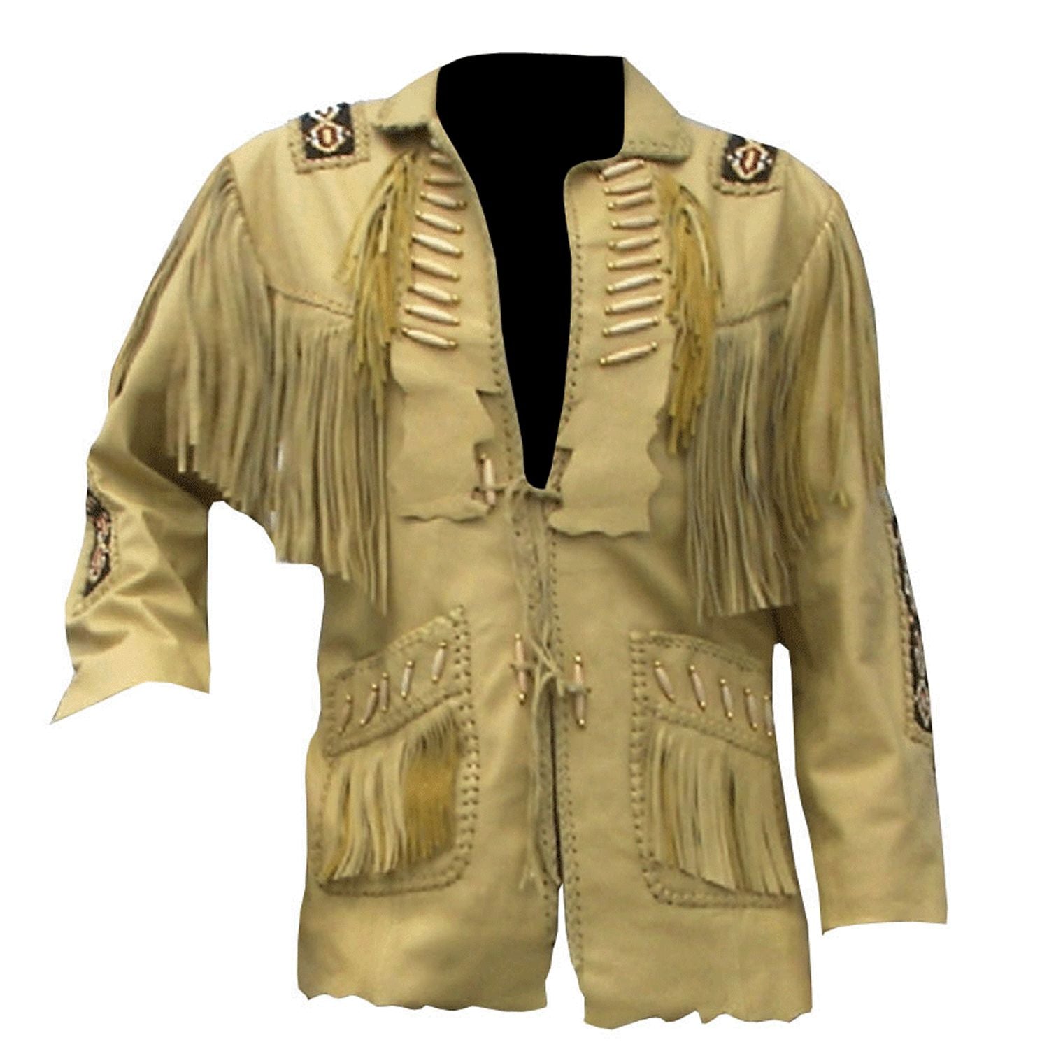 Tan leather fringe jacket with beaded detailing, Front View
