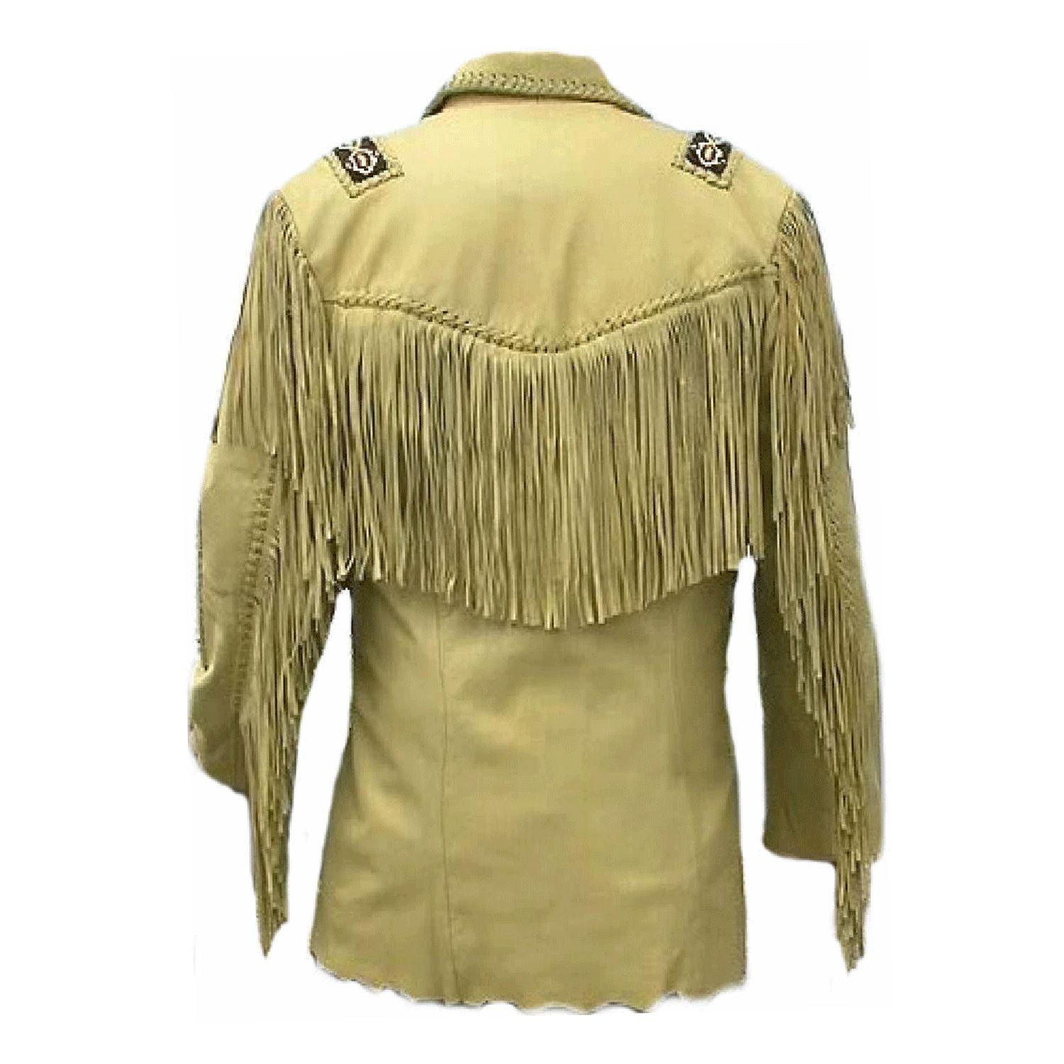 Tan leather fringe jacket with cowboy style, back view