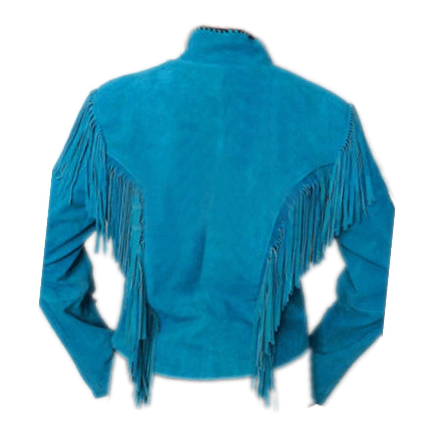 Turquoise suede leather fringe jacket with bone-work trim, close-up detail