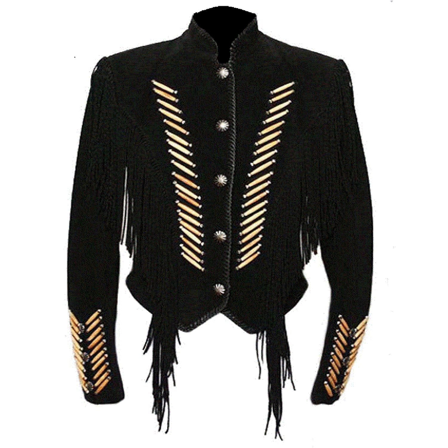 Turquoise suede leather fringe jacket with bone-work trim, worn styled look