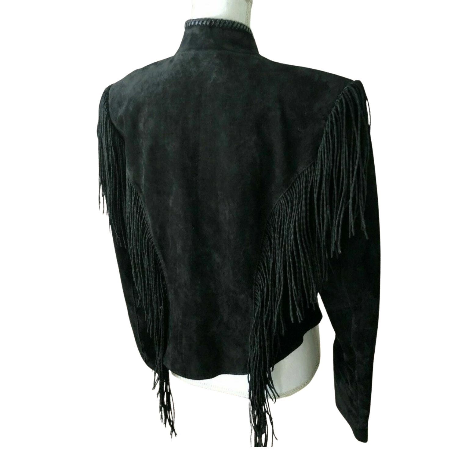 Turquoise suede leather fringe jacket with bone-work trim, full display
