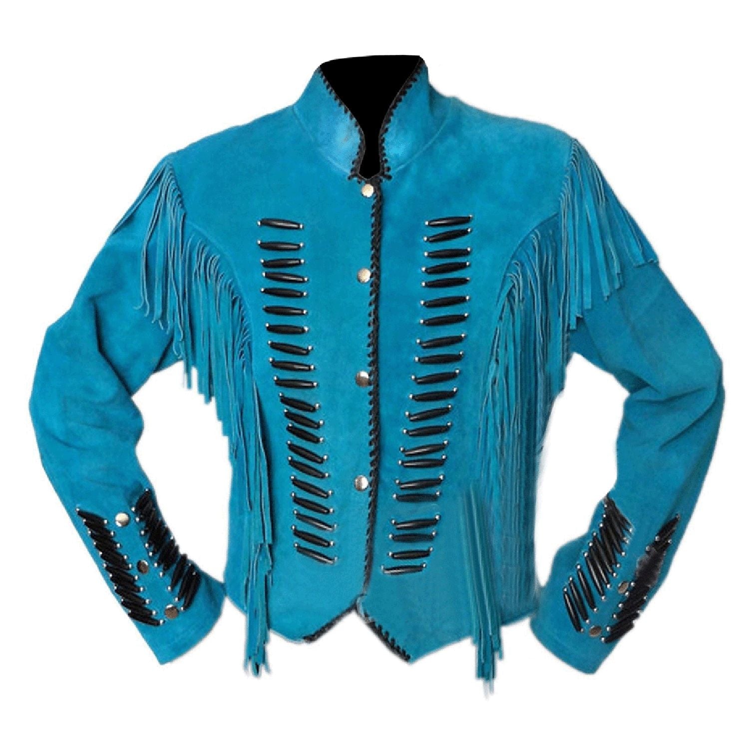 Turquoise suede leather fringe jacket with bone-work trim, back view