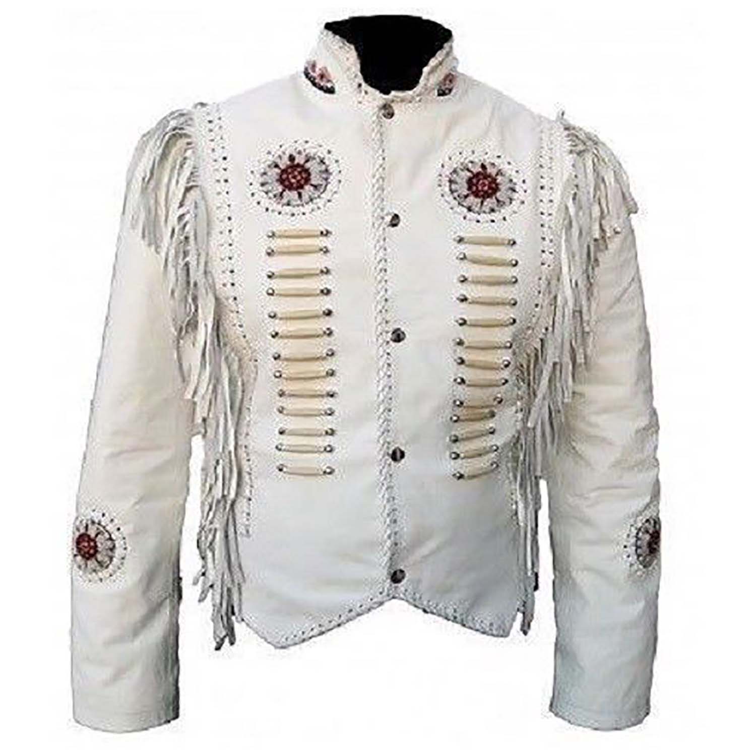 Full display of the white buckskin leather fringe jacket with beaded detailing for men
