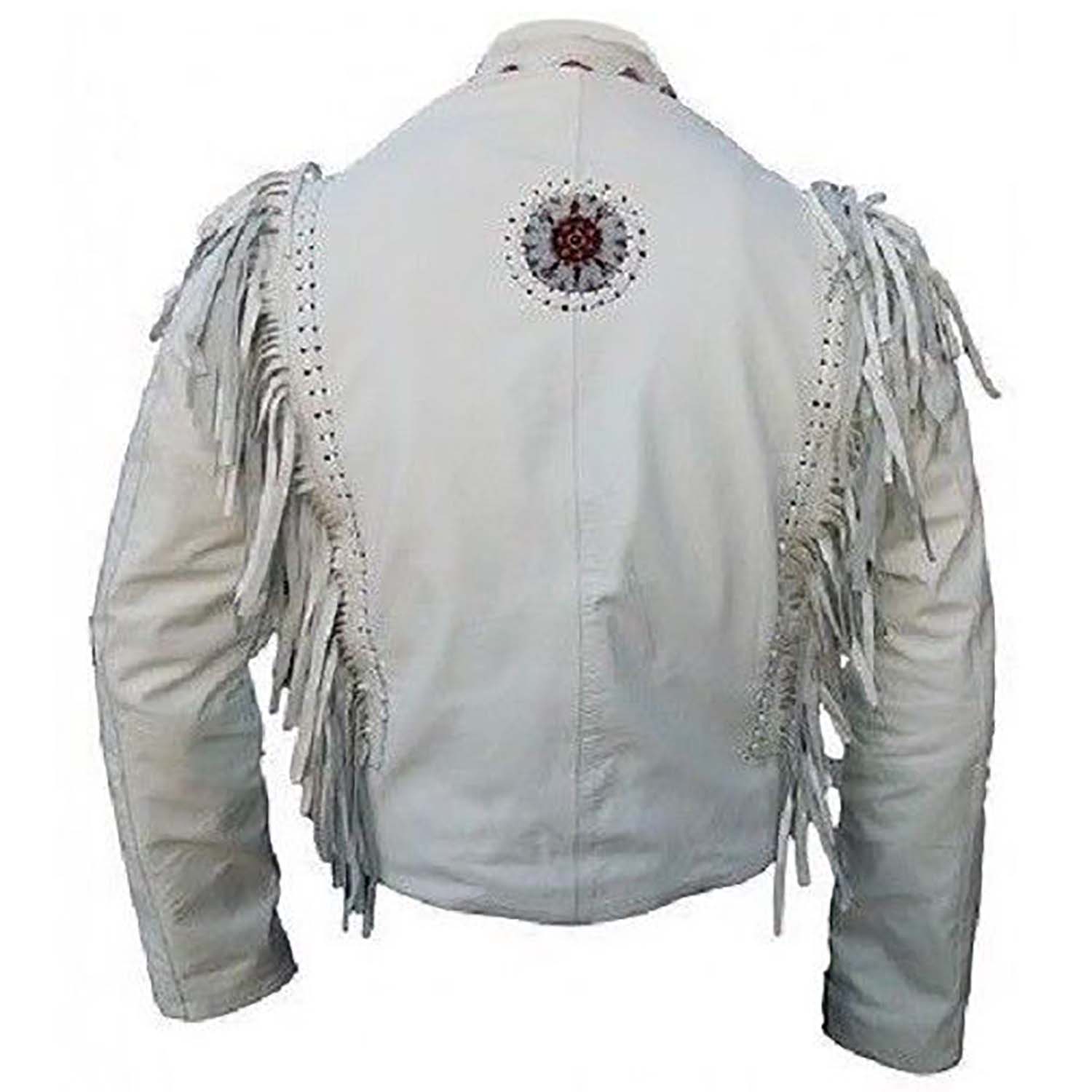 Detail shot of the white buckskin leather fringe jacket with beaded detailing for men