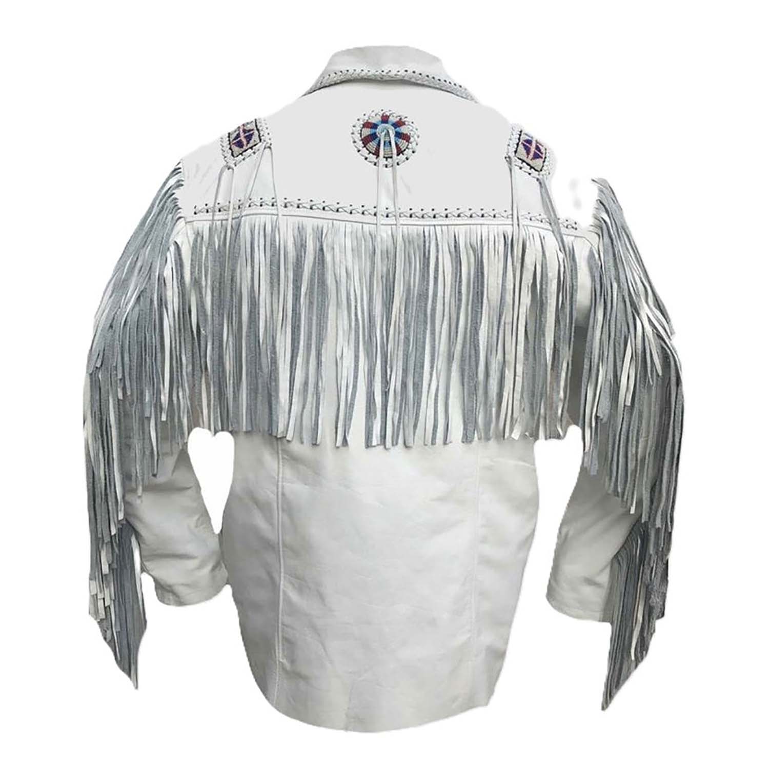 White buckskin leather fringe jacket with beaded detailing, side profile