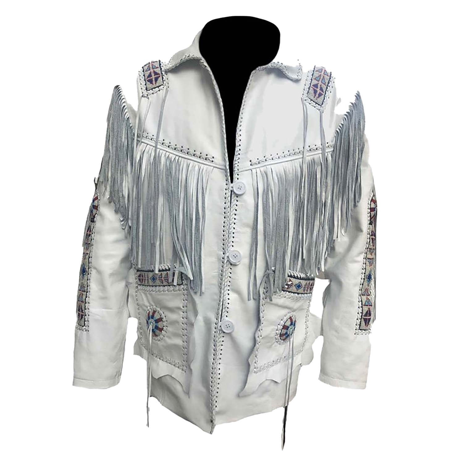 White buckskin leather fringe jacket with beaded detailing, front view