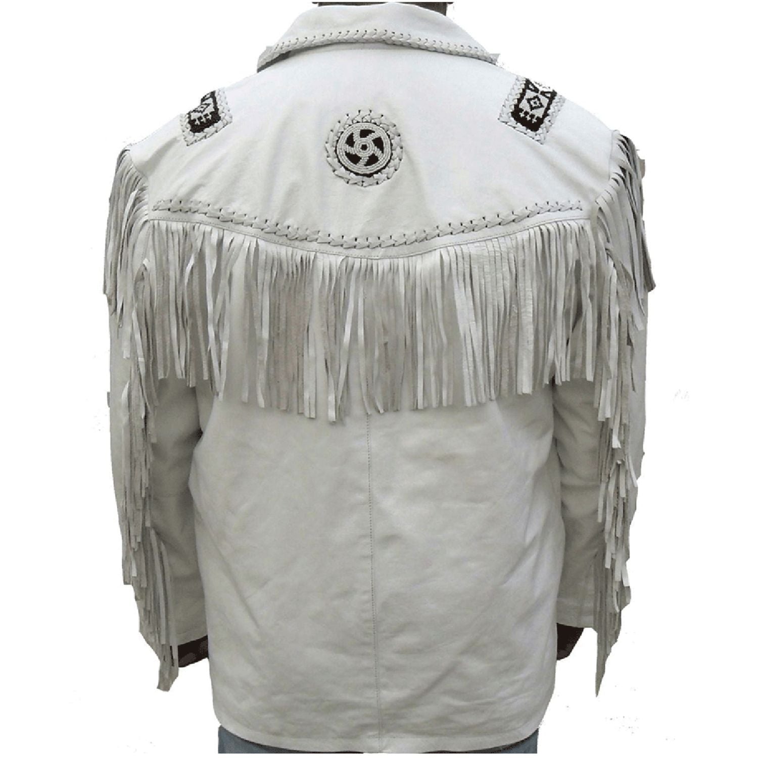The white leather fringe jacket with cowboy style, pictured from the side