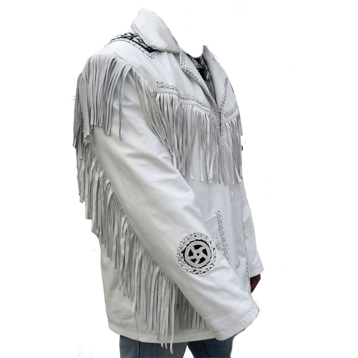 The white leather fringe jacket with cowboy style, pictured from the back