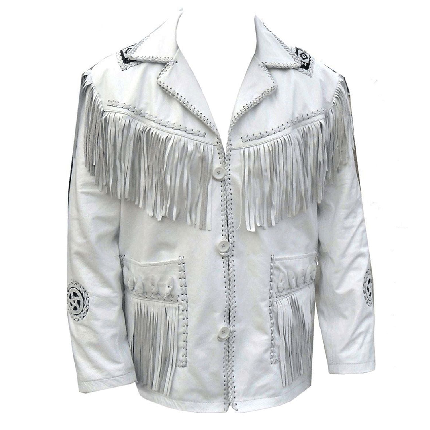 The white leather fringe jacket with cowboy style, pictured from the front
