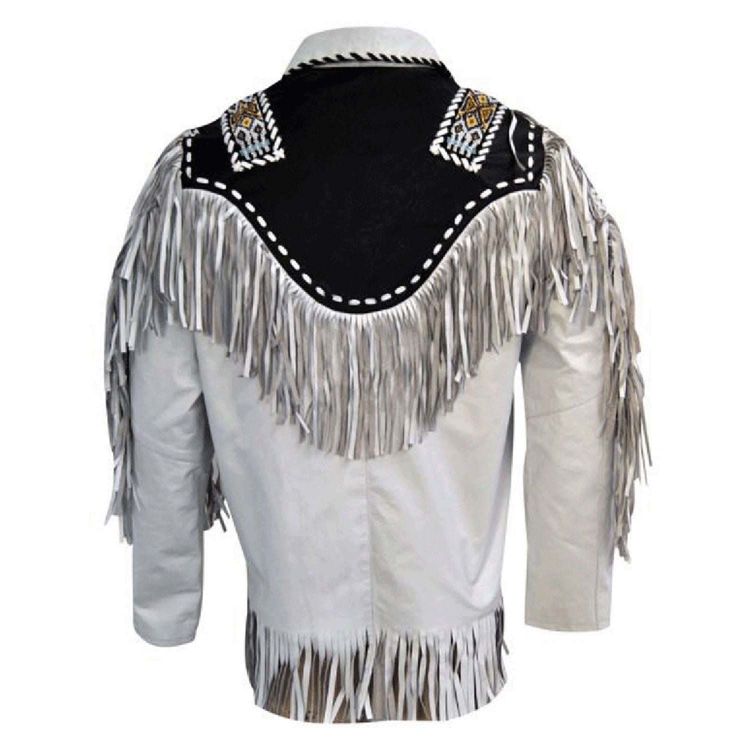 Full display showing the white leather fringe jacket with beaded detailing