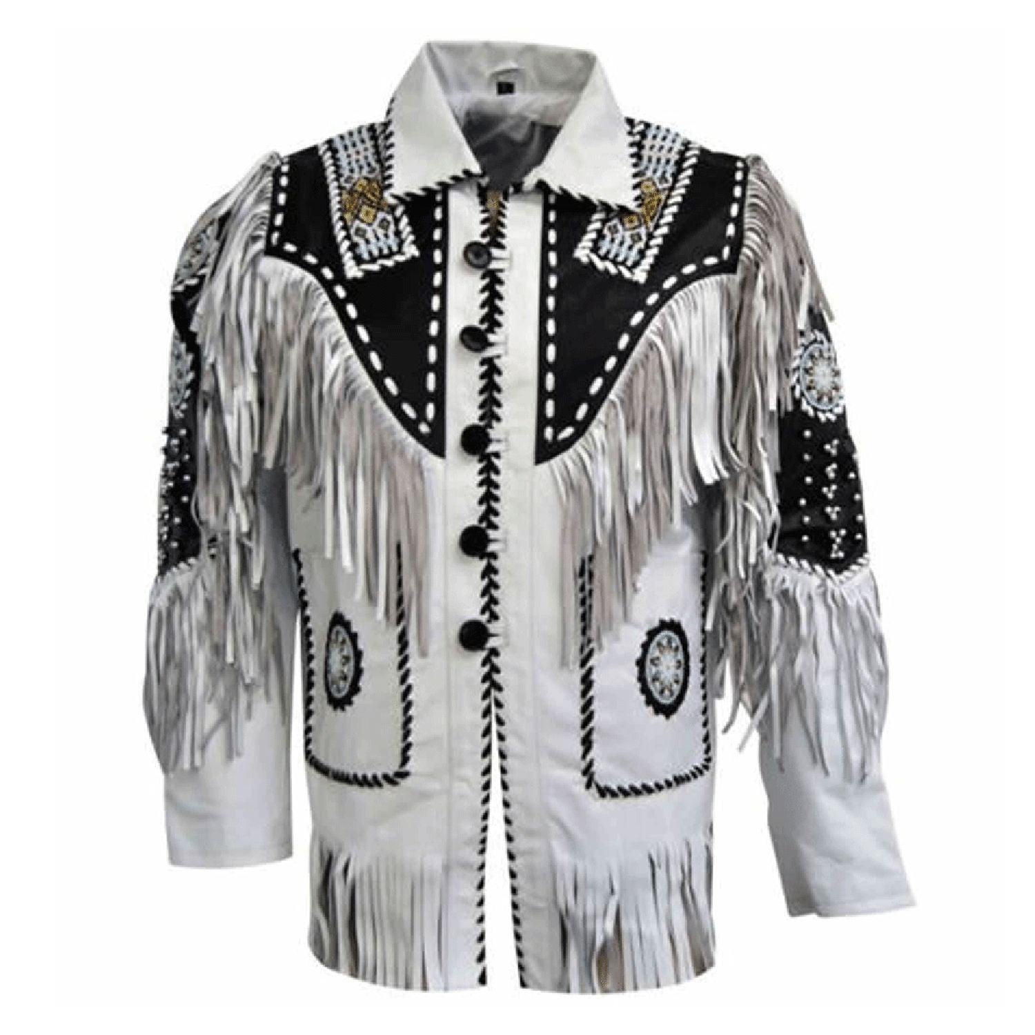 Back view showing the white leather fringe jacket with beaded detailing