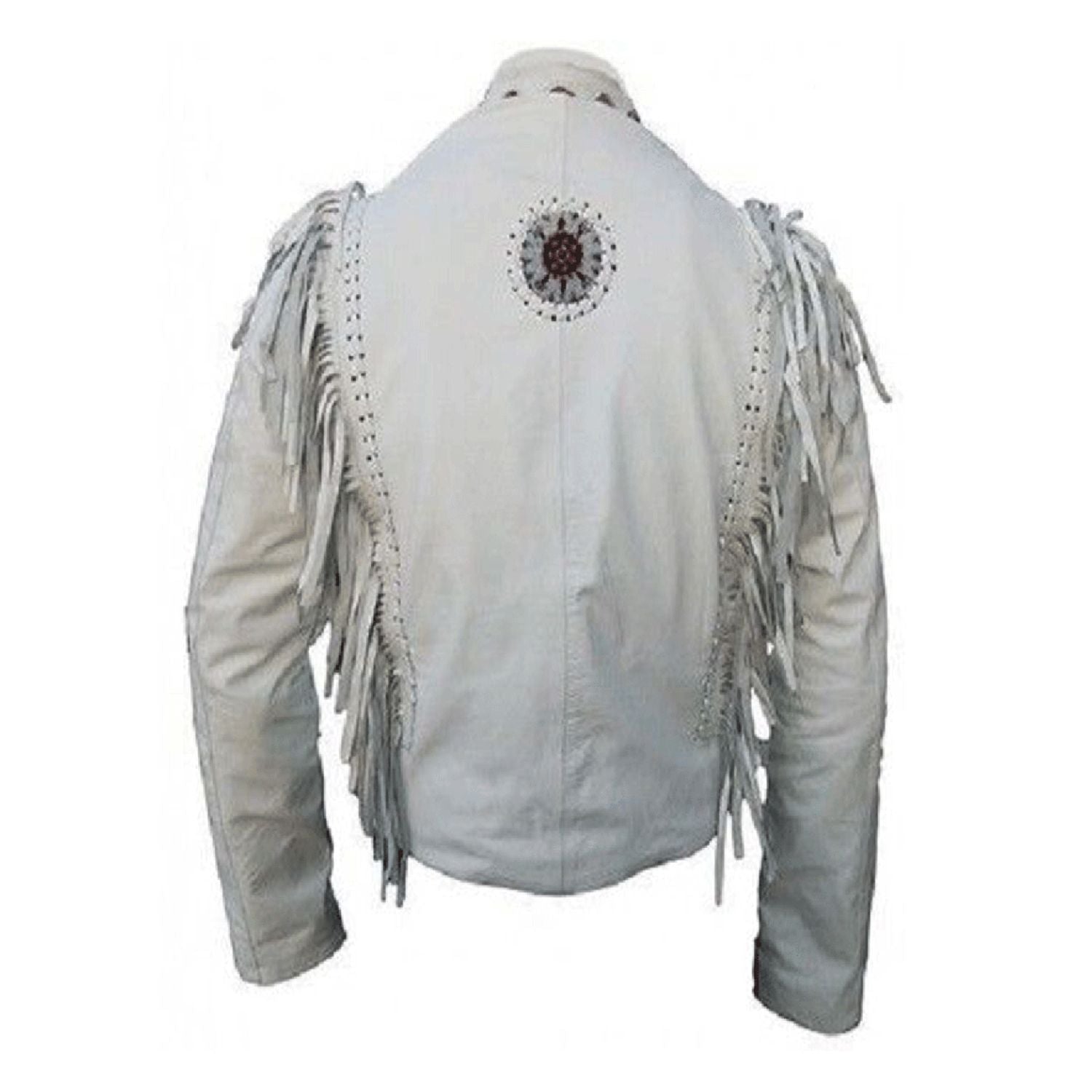 White leather fringe jacket with beaded detailing, worn styled look