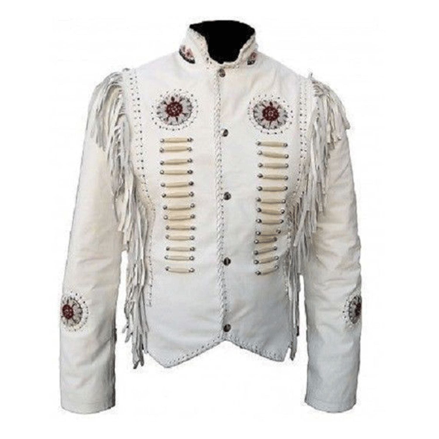 White leather fringe jacket with beaded detailing, front view