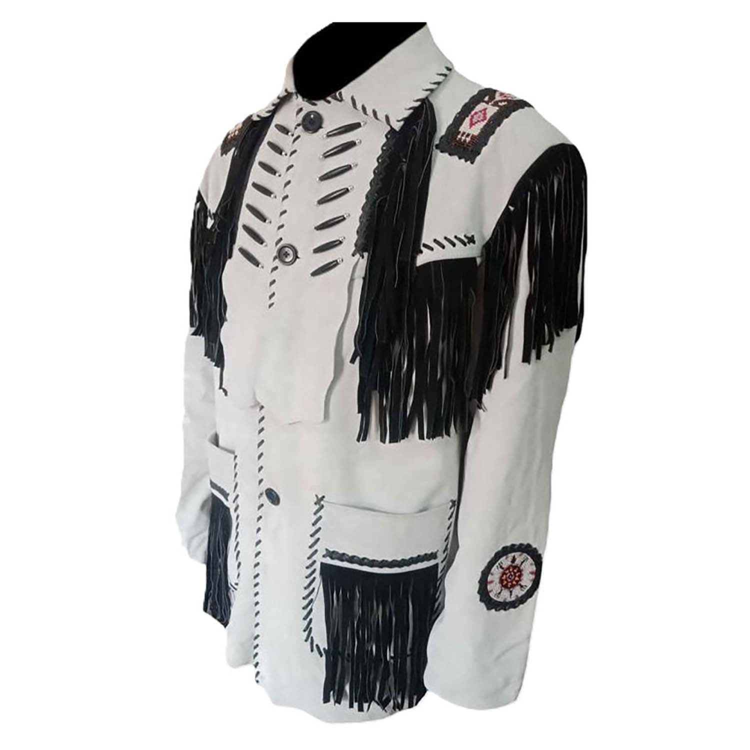 Front view of the white leather fringe jacket with beaded detailing for men