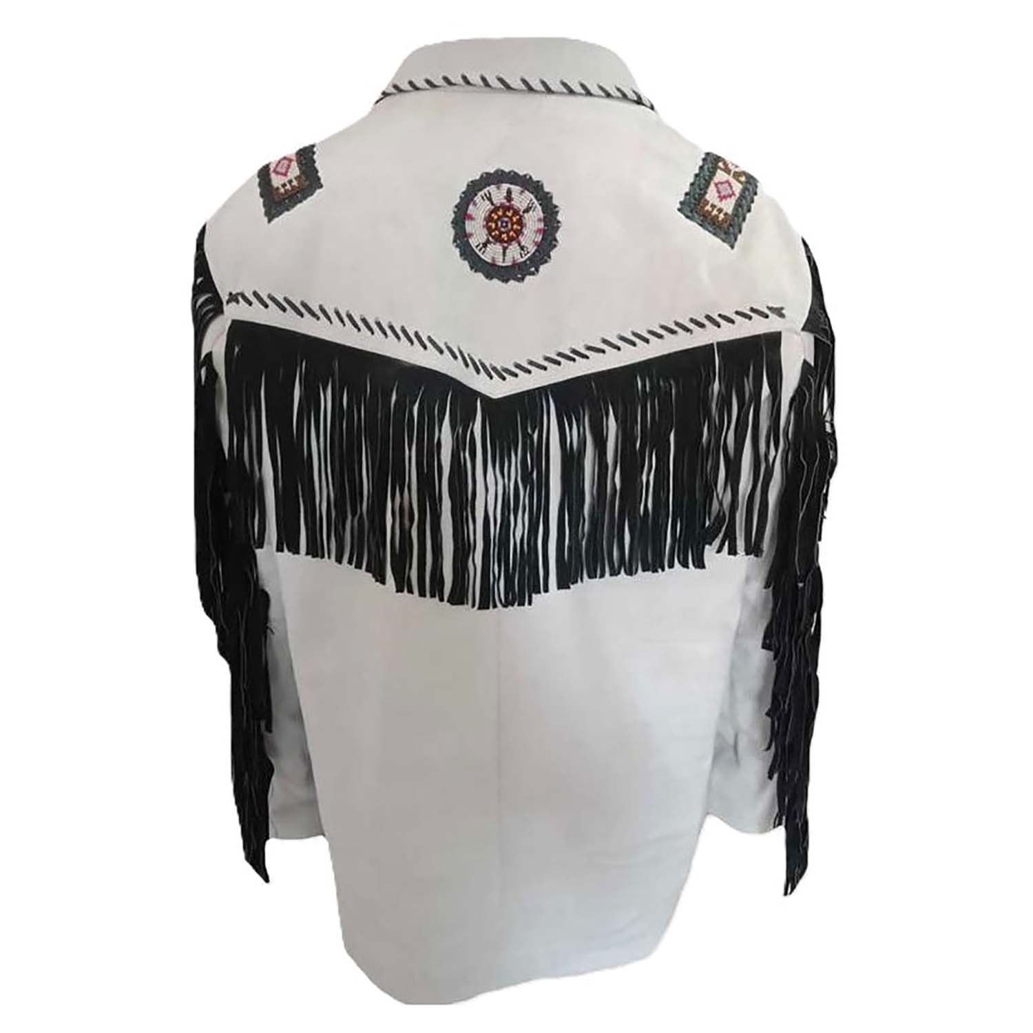 Detail shot of the white leather fringe jacket with beaded detailing for men
