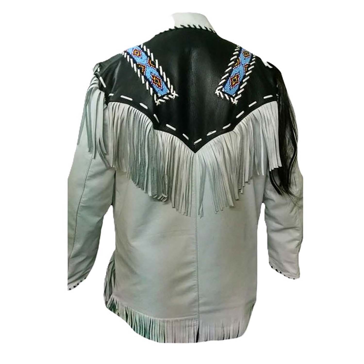 White leather fringe jacket with native american design, back view