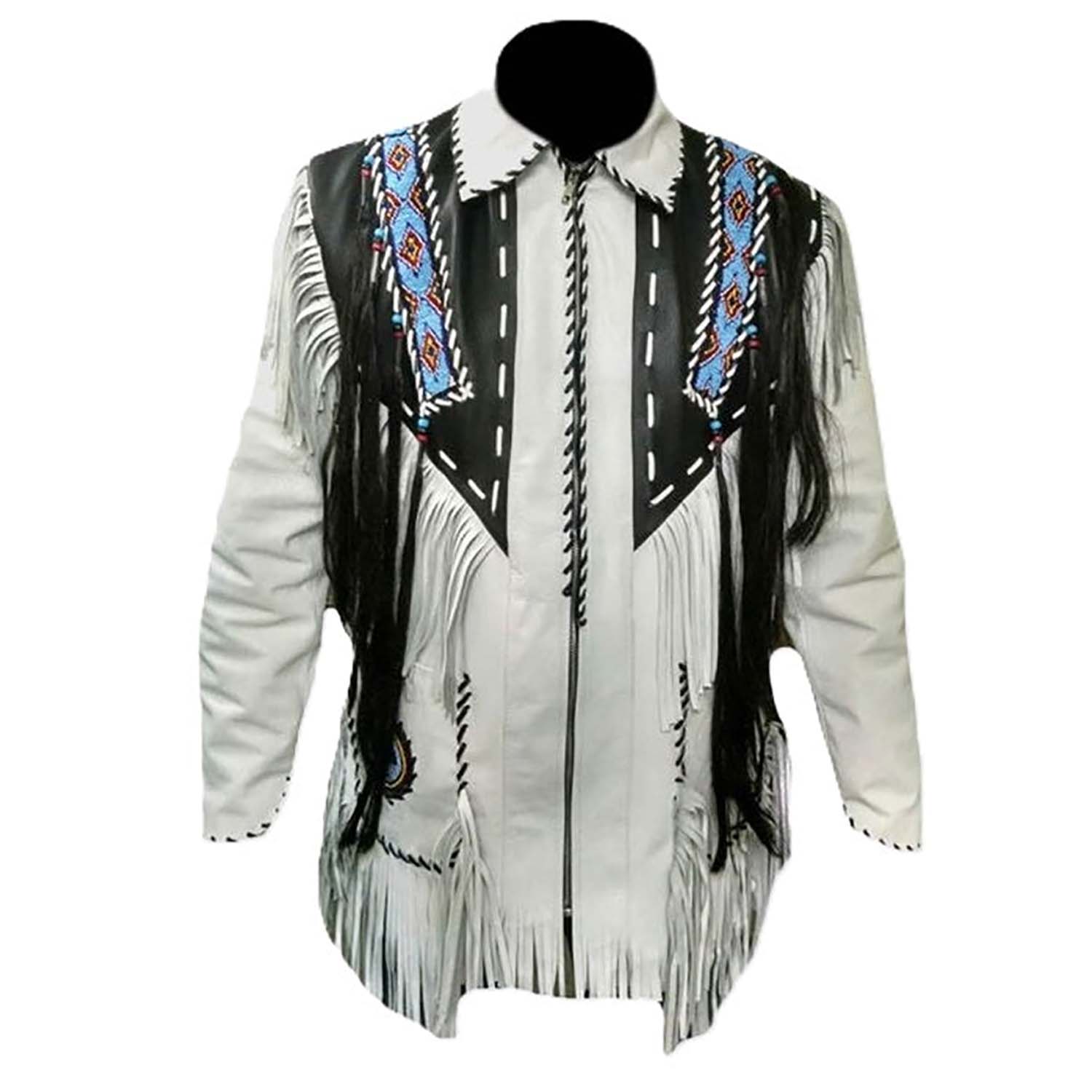 White leather fringe jacket with native american design, side profile