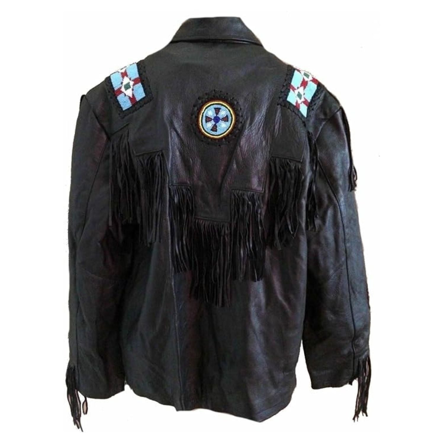 The white leather fringe jacket with native american design, pictured from the front