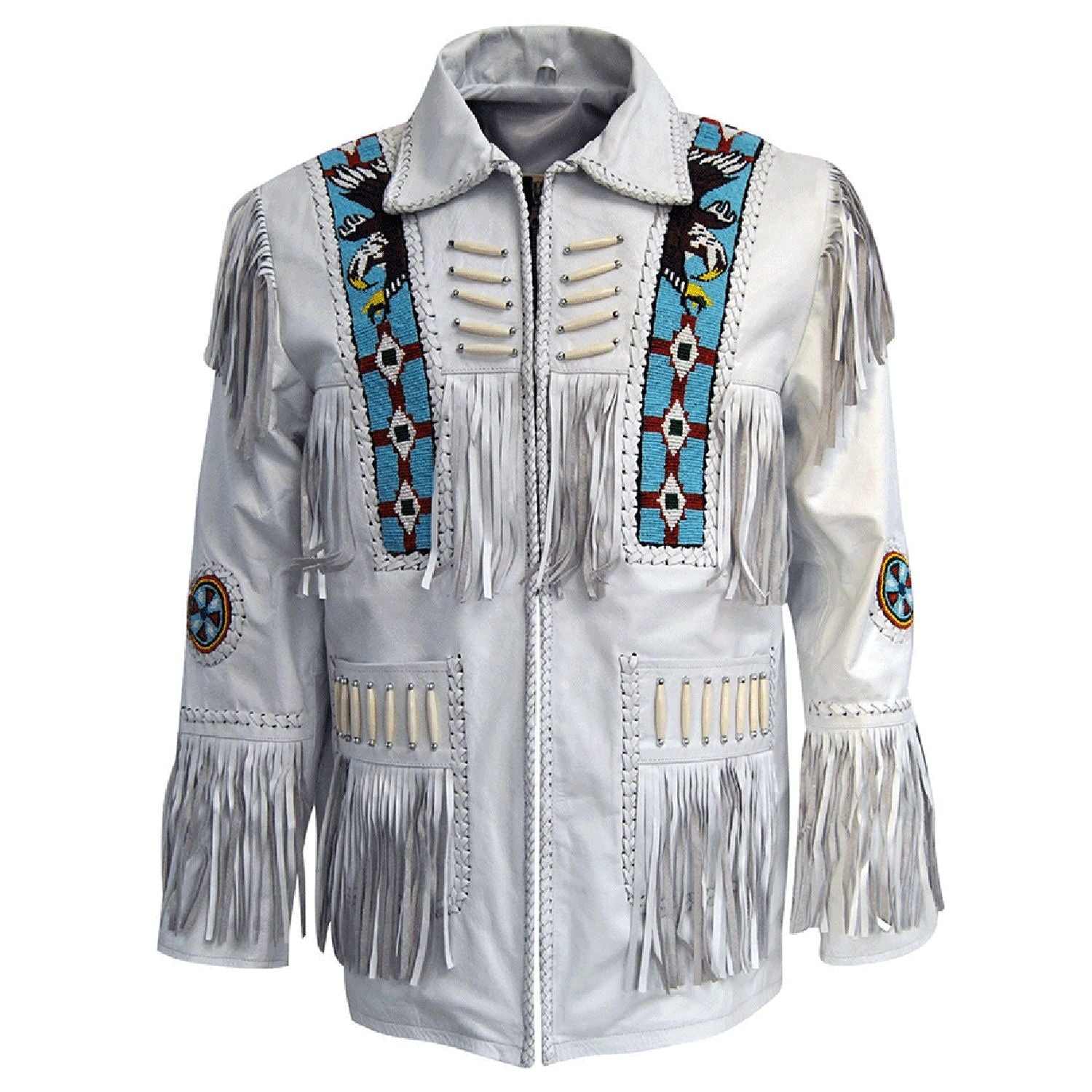 The white leather fringe jacket with native american design, pictured from the side