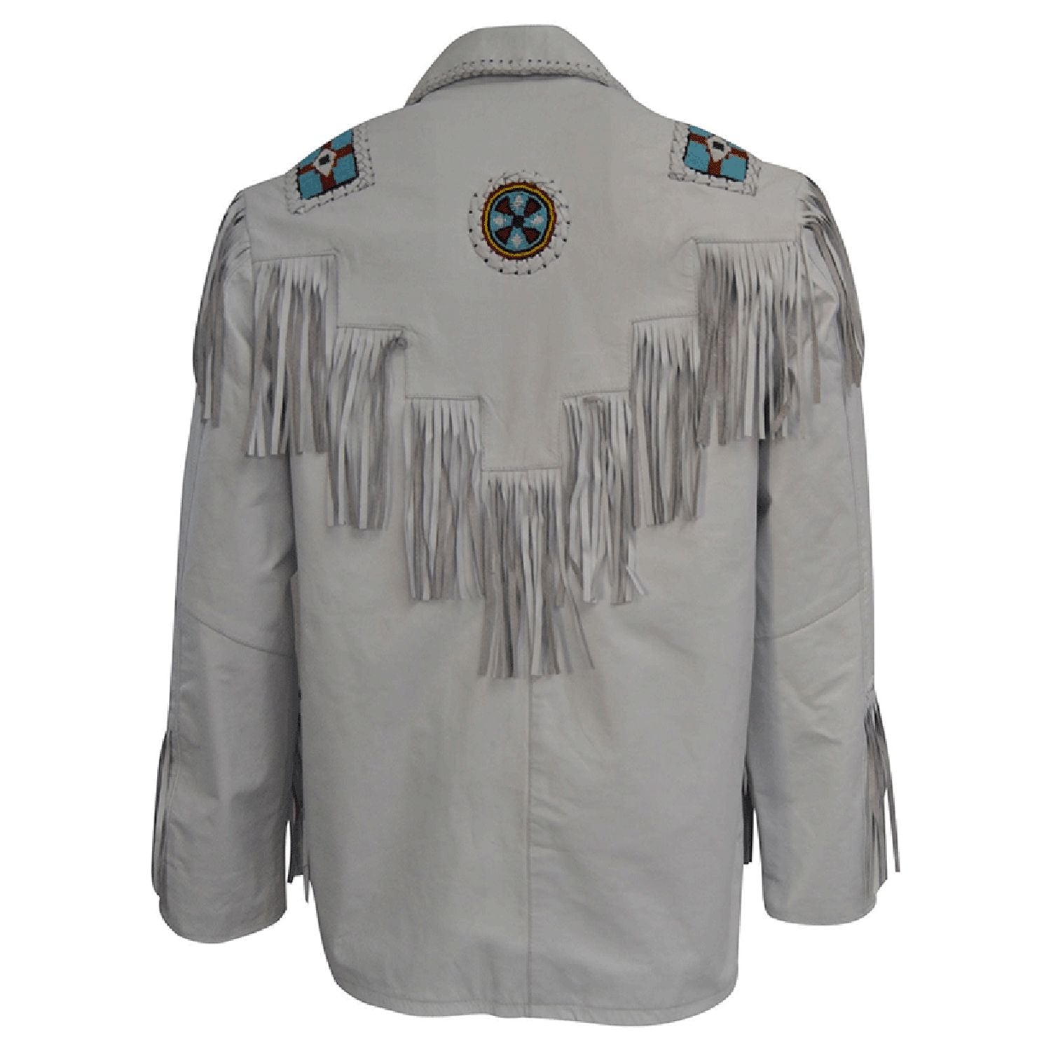The white leather fringe jacket with eagle beadwork, pictured from the back