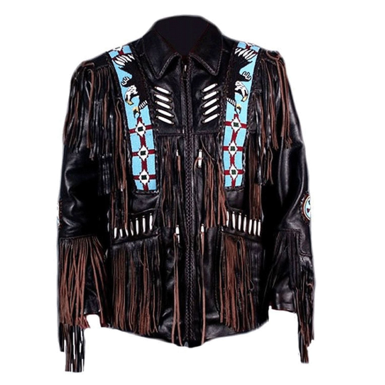 The white leather fringe jacket with eagle beadwork, pictured in detail