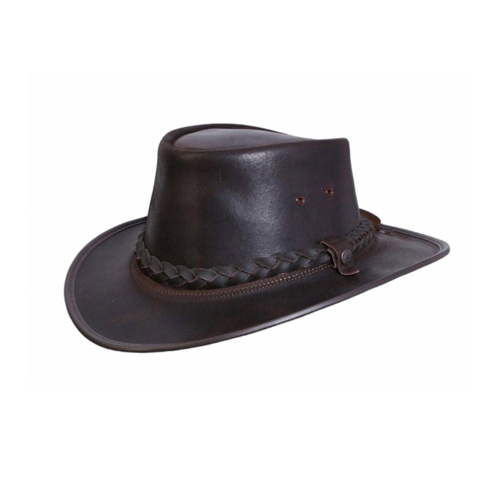 Brown leather cowboy hat with braided band on a white background