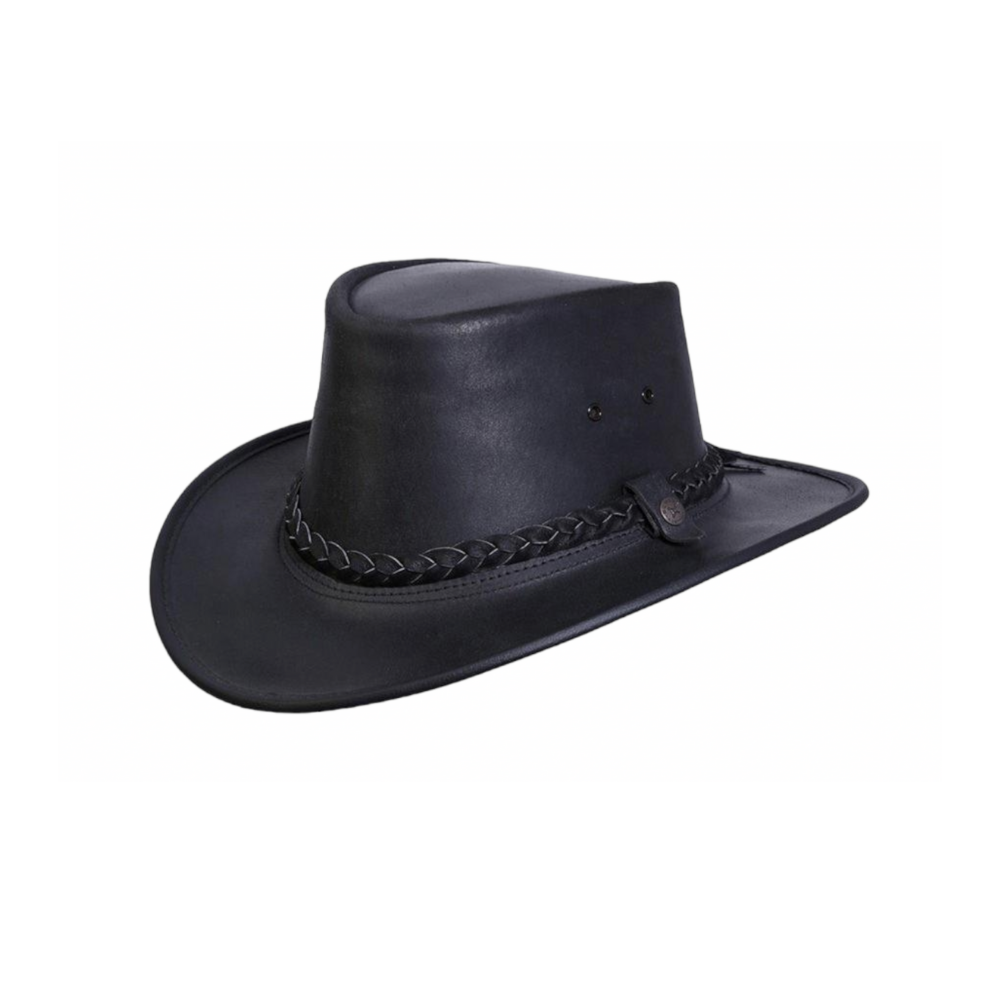 Black leather cowboy hat with braided band on a white background